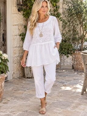 Alessia Pacini Made in Italy 100% Linen Embroidered White Lagenlook Tunic L